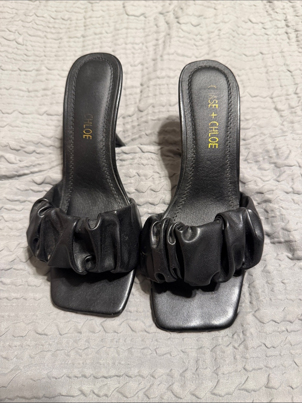 Chase + Chloe Black Ruched Leather Slide Mules